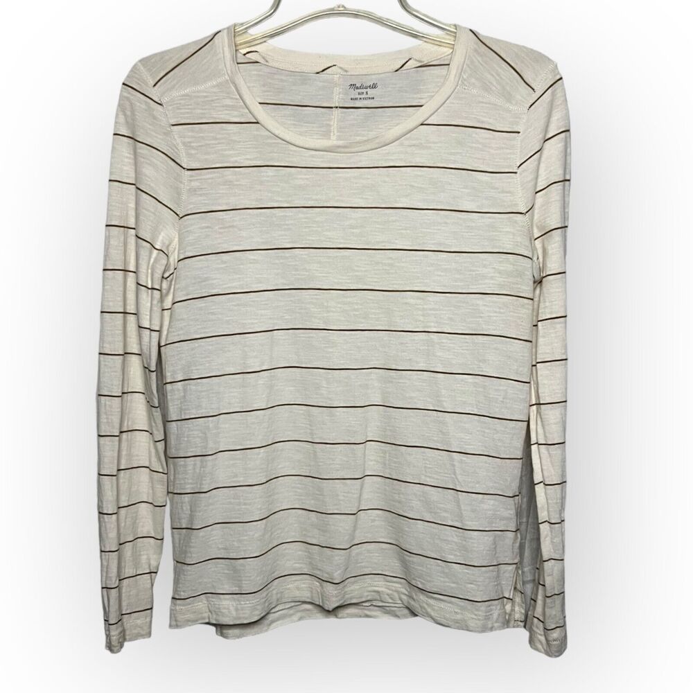 Madewell Cream & Brown Striped Long Sleeve Crew Neck T-Shirt w/Side Vents Sz S - Picture 11 of 11